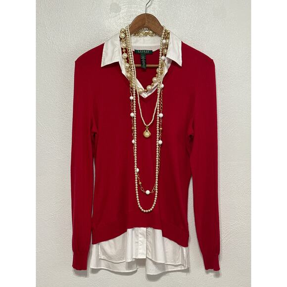 VTG Lauren Ralph Lauren Red Mock Layered Look Sweater L Classic City Preppy - Picture 1 of 14